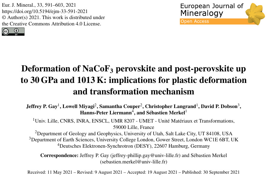 Publication in the European Journal of Mineralogy: Deformation of NaCoF3 perovskite and post-perovskite up to 30 GPa and 1013 K: implications for plastic deformation and transformation mechanism